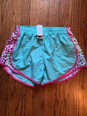 All For Color Turquoise Athletic Shorts with Pink Trim and Floral Panels